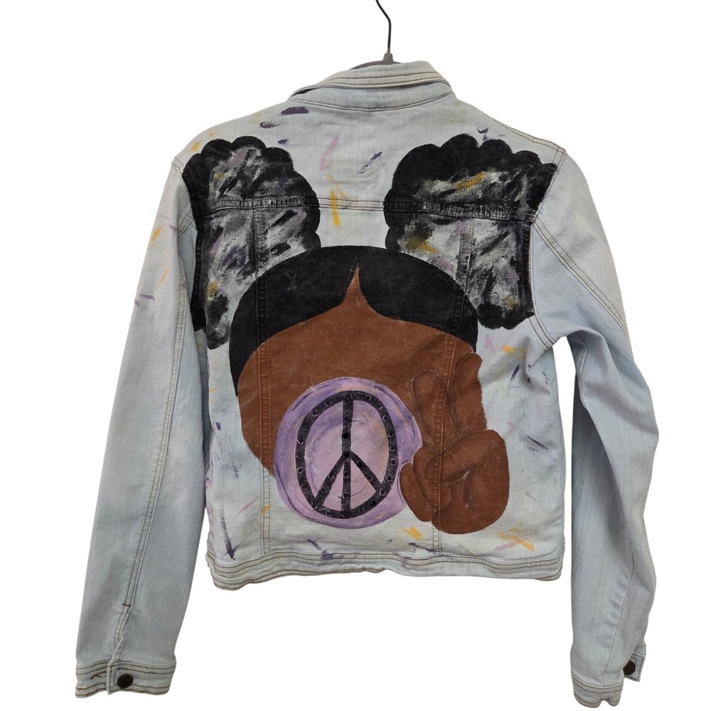 Hand Painted Denim Jacket Women L Peace‎ Sign Art Custom Boho Jean Jacket